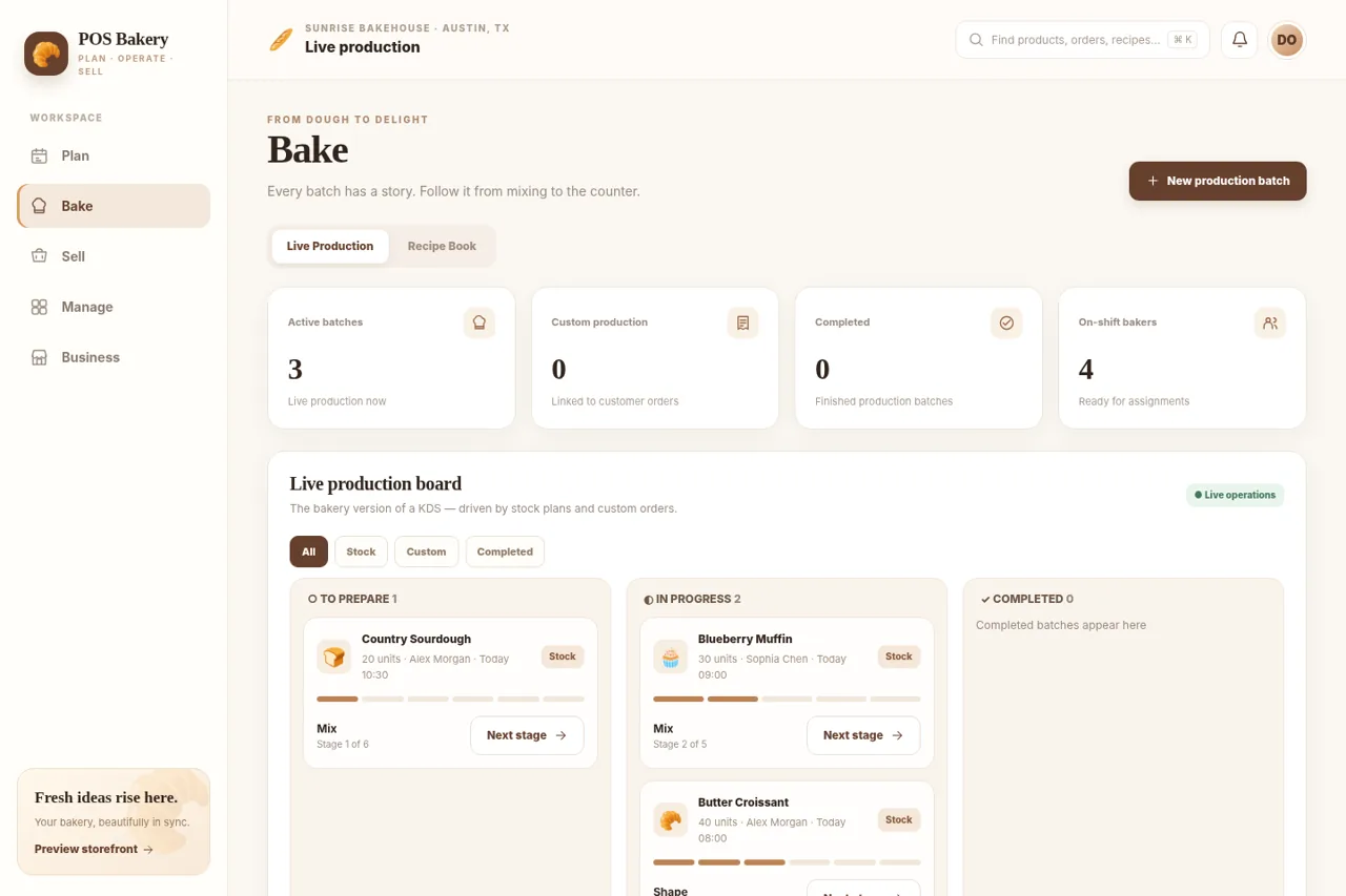 POS Bakery development prototype screen: Bake