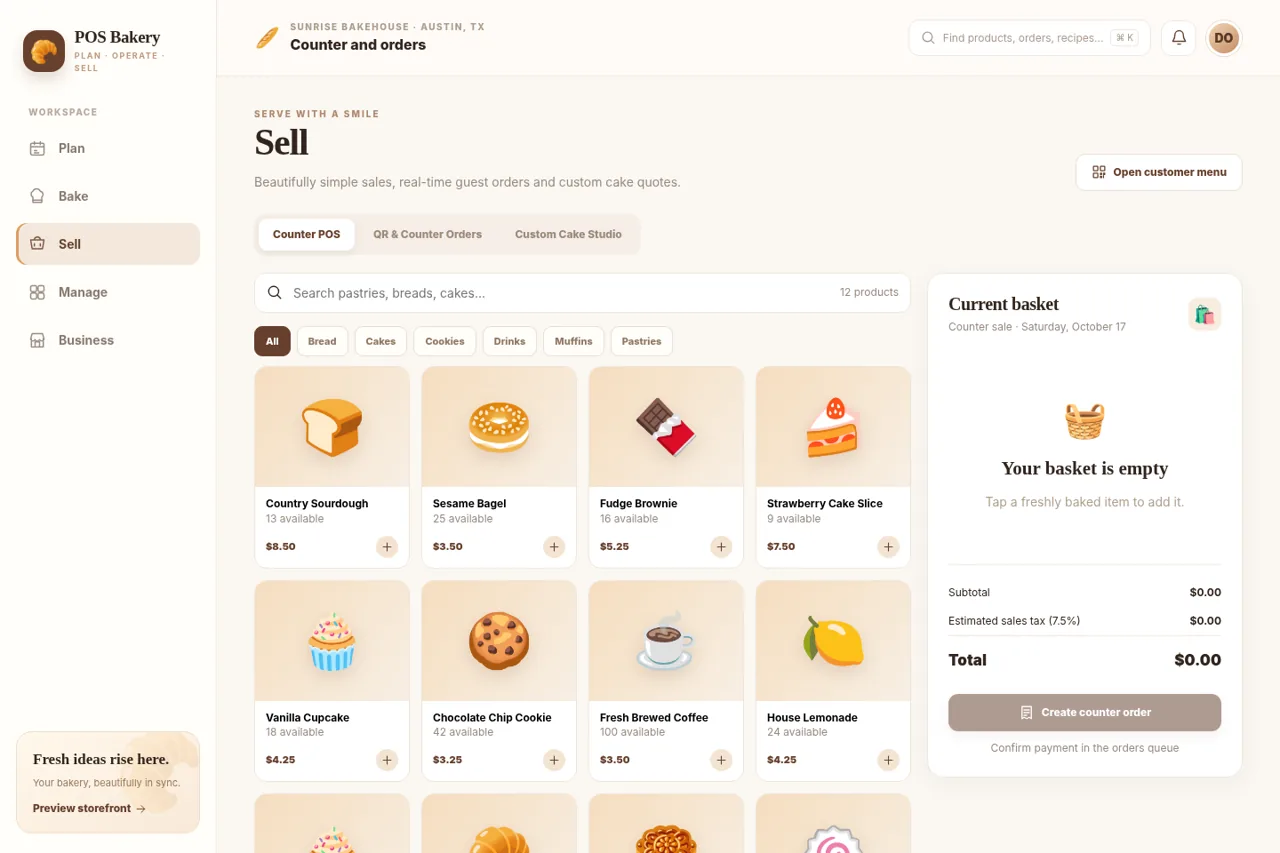 POS Bakery development prototype screen: Sell